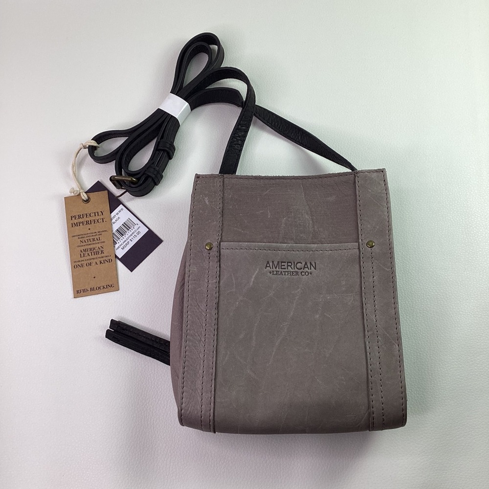 American Leather Co Topeka Crossbody Ash Grey Black RFID Leather Bag $115 NWT